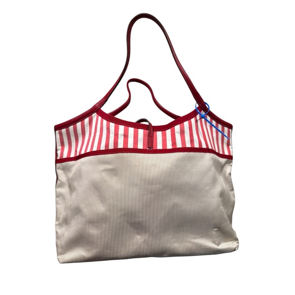 Vintage Ferragamo Red & Cream Striped Canvas Tote Bag Vara Bow - Picture 3 of 9